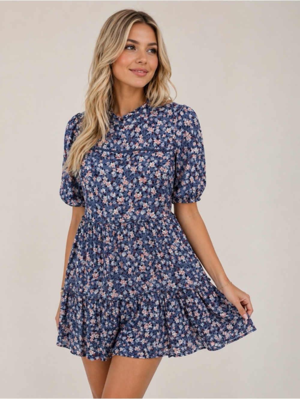 Knox Rose Navy Floral Puff Sleeve Tiered Mini Dress